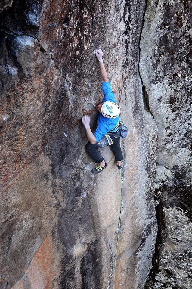 Kurakami posted this photo to his Facebook page on April 16, the day he sent The Votive Light (5.13d/14a R), which is a 15-meter extension to a previously existing route called Hakuhatsuki (5.13d R) that ended at the bolted anchors to the left of him in the photo. He did not clip the bolts while leading to the top of the cliff. [Photo] Courtesy Keita Kurakami