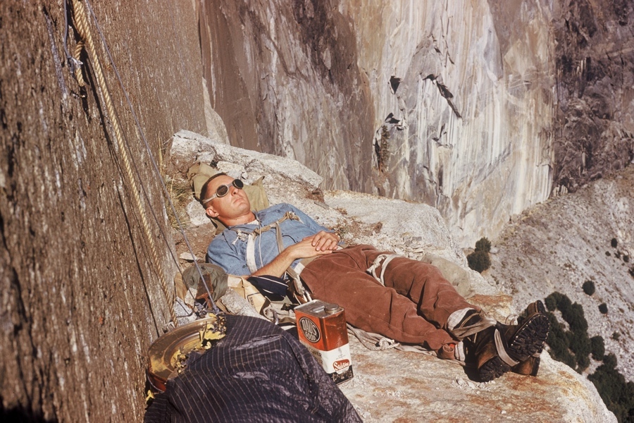 Enjoying the spacious luxury of El Cap Towers, Wayne Merry takes a welcome break during the first ascent of the Nose in 1958. [Photo] Wayne Merry collection
