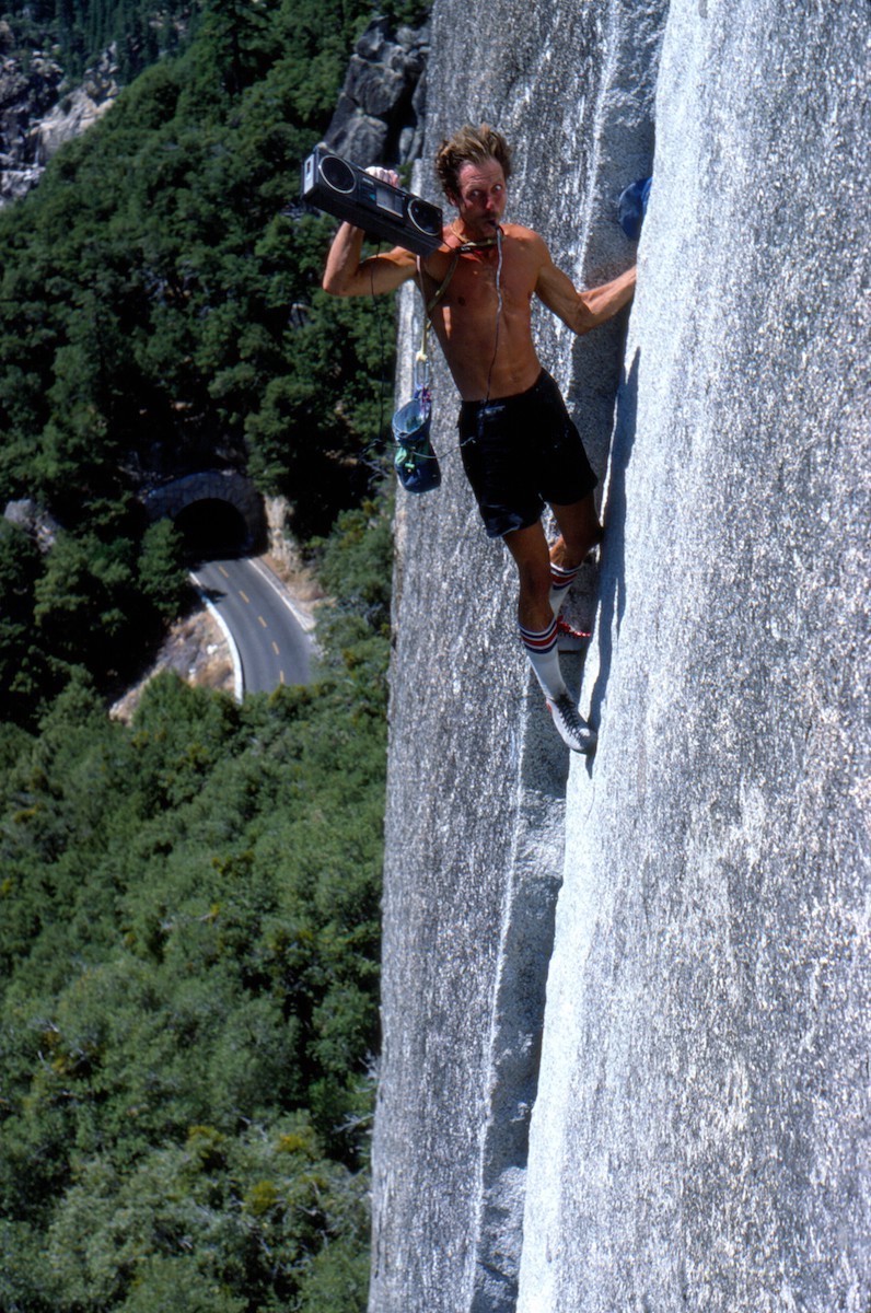 Photographer Bob Gaines: Werner [Braun] clowning around, ca. 1983. Scott Cosgrove was there too. Just a great day of fun-in-the-sun free soloing. [Photo] Bob Gaines