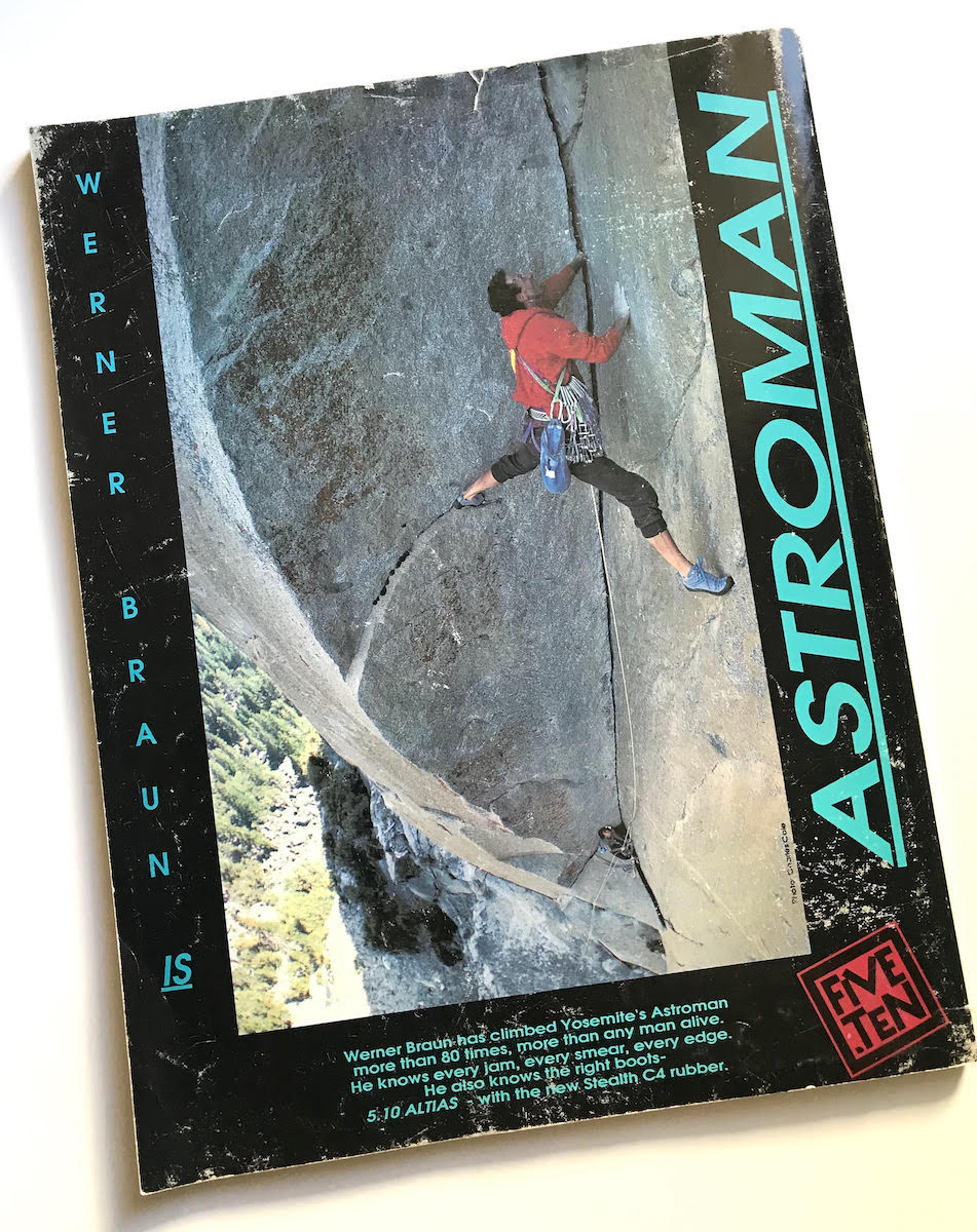 A magazine ad for Five Ten climbing shoes featuring the famous photo of Braun climbing the Enduro Corner (5.11c) on Astroman, ca. 1990. In 2005 Braun shared some of the backstory on SuperTopo.com. He explained that his wife Merry is belaying him in the photo, and that she led the pitch first to hang the rope for photographer Charles Cole, the founder of Five Ten. Braun wrote: Charles then jugs up with his big ass large format camera and starts doing these huge bounces out into space behind me while snapping off shots. [Photo] Earl Bates