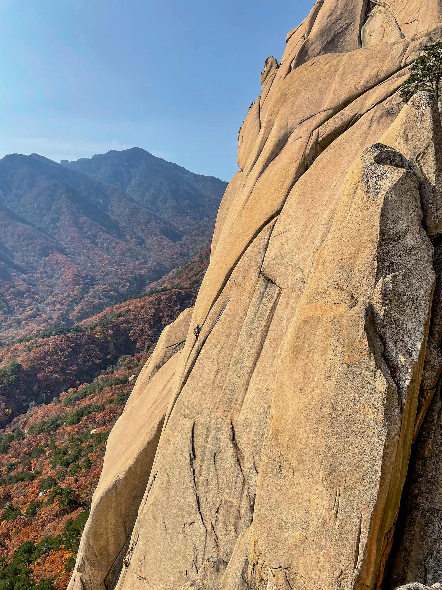 Climbers follow the aptly named route Beongae (5.10d, 123m) on Ulsanbawi, Seoraksan National Park, South Korea. [Photo] Choi Suk-mun