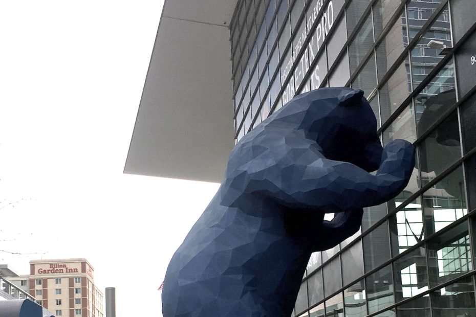 The famous Blue Bear outside the Colorado Convention Center, pictured on the first official day of the Winter Outdoor Retailer + Snow Show, Wednesday, January 29, 2020. [Photo] Derek Franz