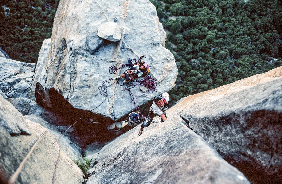 Taeko Yamanoi belays Yasushi Yamanoi from El Cap Spire on El Capitan's Salathe Wall (VI 5.13b or 5.9 C2, 3,000'), Yosemite National Park, California. The duo was training for their 1995 first ascent of the southwest face of Bublimotin (5.10 A3, 800m) in Pakistan's Karakoram. [Photo] Hiroshi Aota
